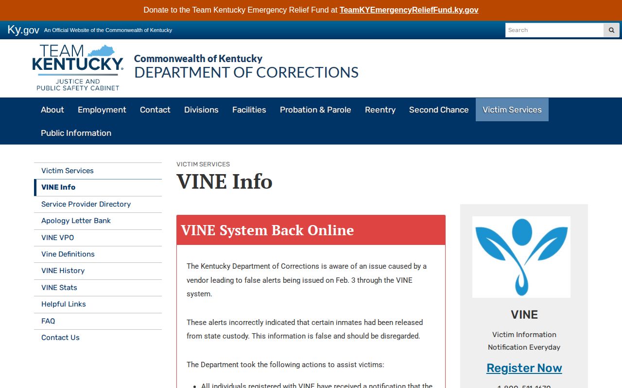 Bracken County released inmate VINE notification information