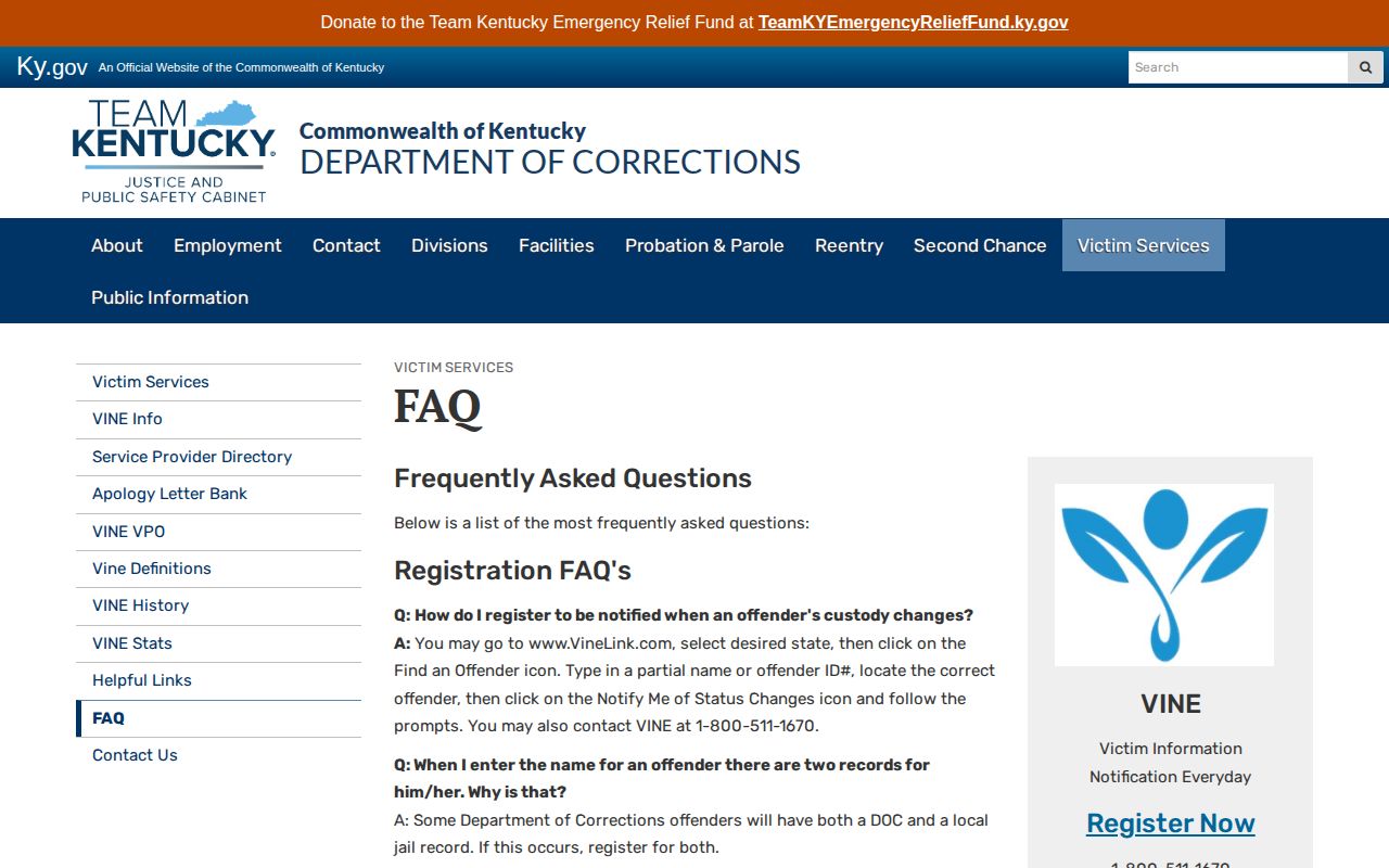 Kentucky VINE instructions for a Bracken County inmate search